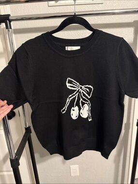 Black Women’s Short-Sleeve Knit Top with White Bow & Cherries